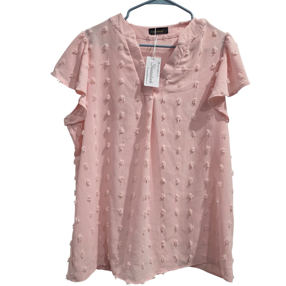 Fantaslook Pink Swiss Dot Flutter Sleeve V-Neck Blouse Top Large